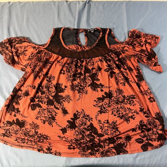 Try! This Tops - Try! This Women Floral Cold Shoulder Mesh Yoke Top Burnt Orange Black Large
